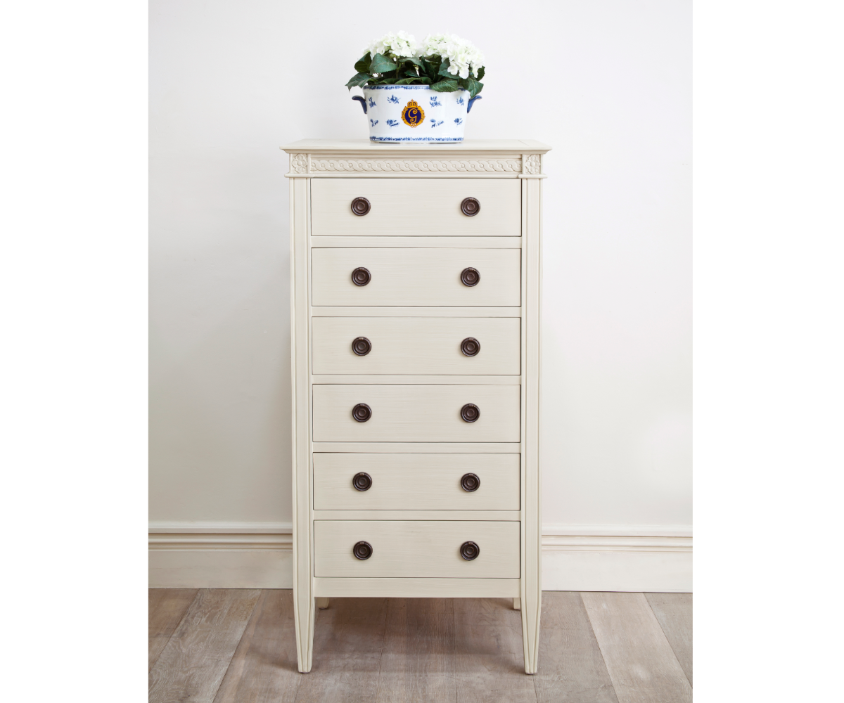 Gustavian Tall Chest of 6 Drawers in Chalk Grey