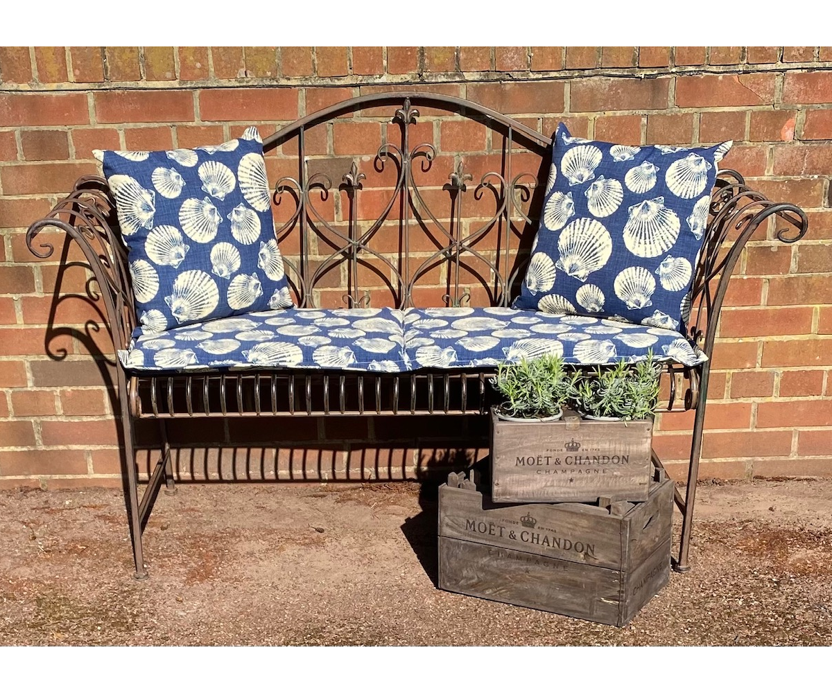 Rustic Black Ornate Bench with Hamptons Bench Pad & Cushions