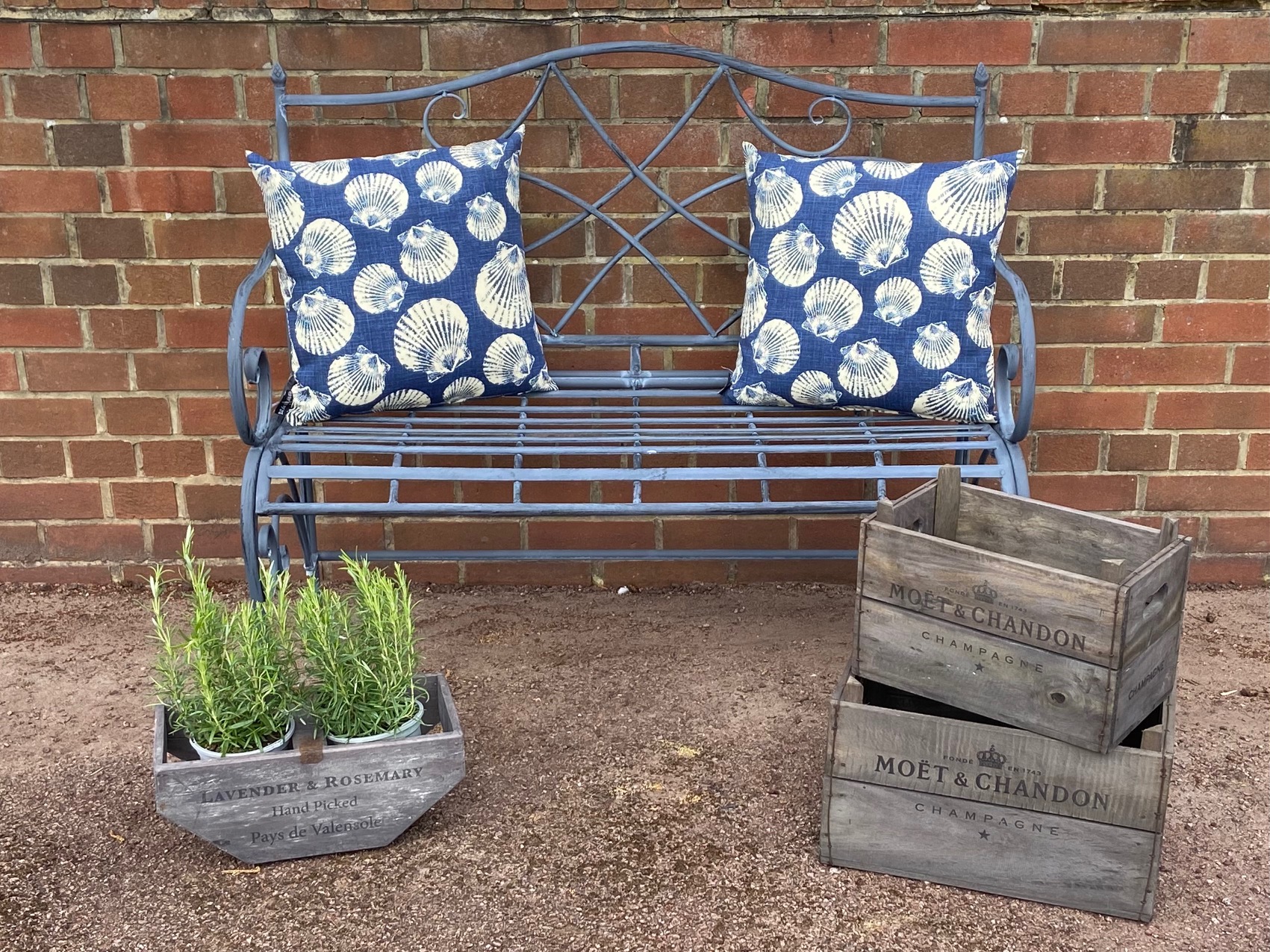 Selma Metal Garden Bench with Hamptons Scatter Cushions