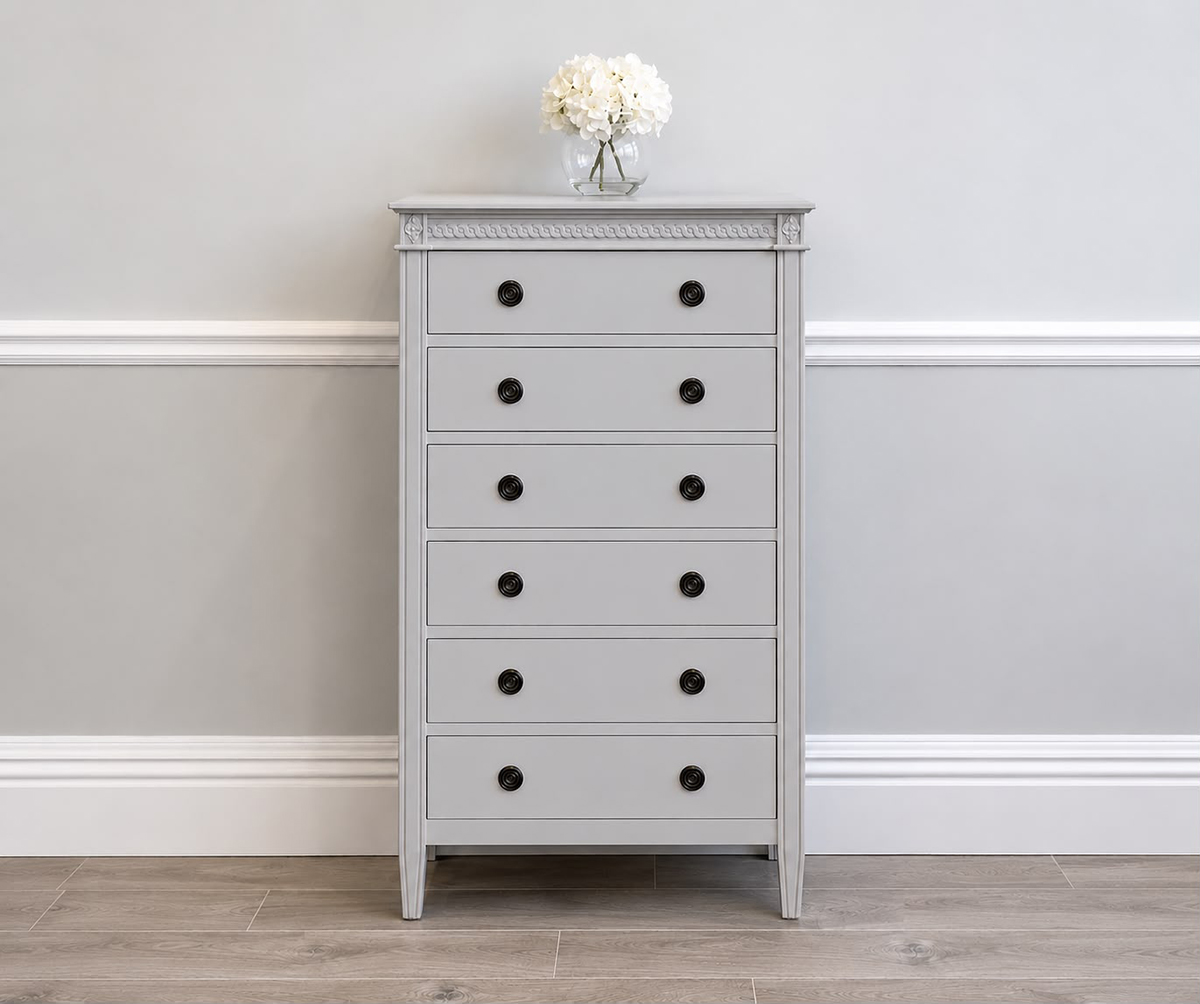 Gustavian Tall Chest of 6 Drawers in Chalk Grey
