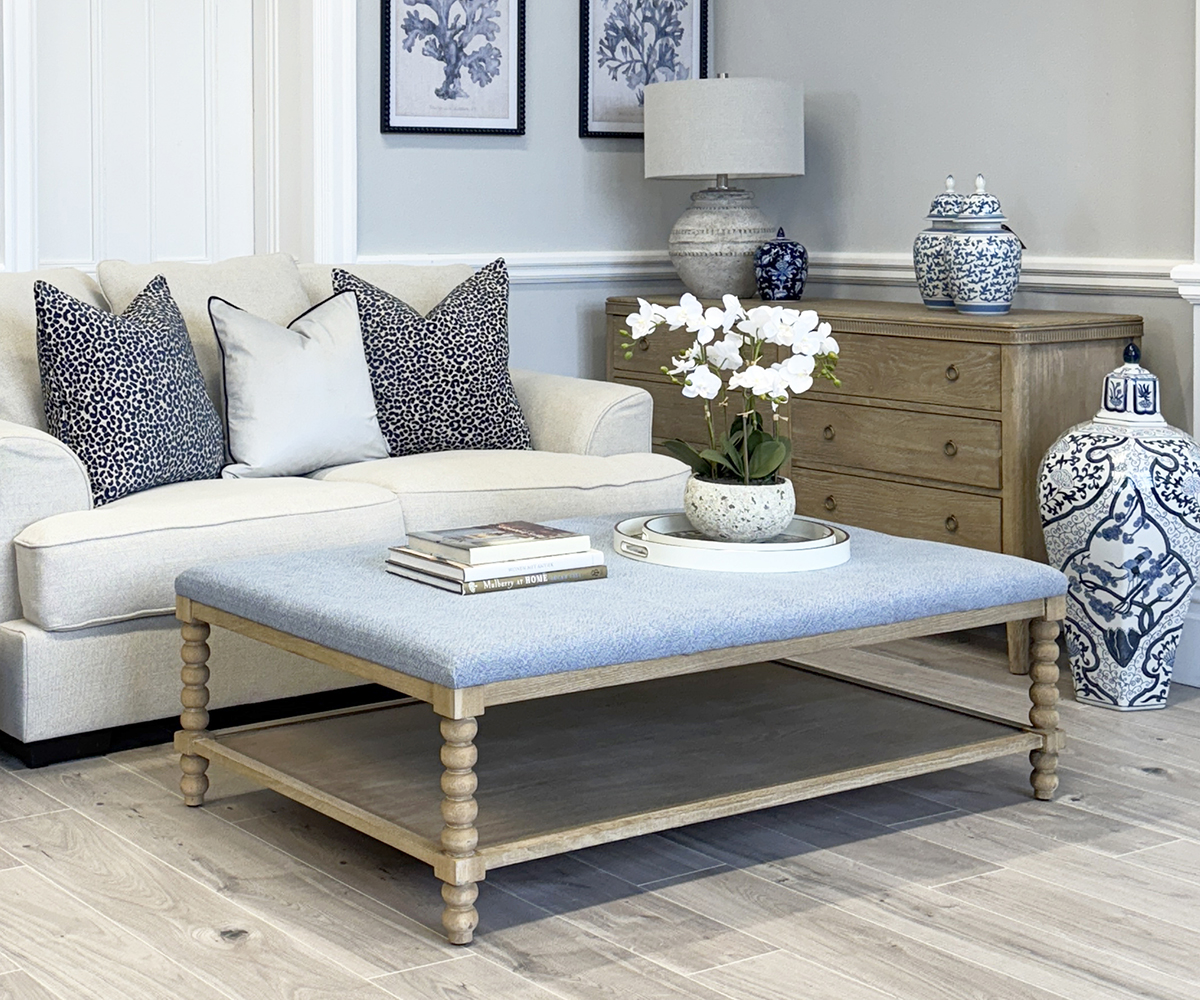 Large Bobbin Upholstered Coffee Table in Denim, 140cm