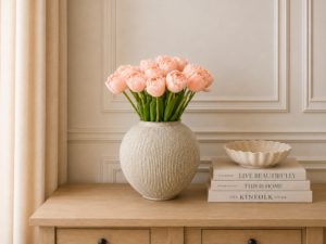 Real Touch Peach Tulip with Leaves, 46cm