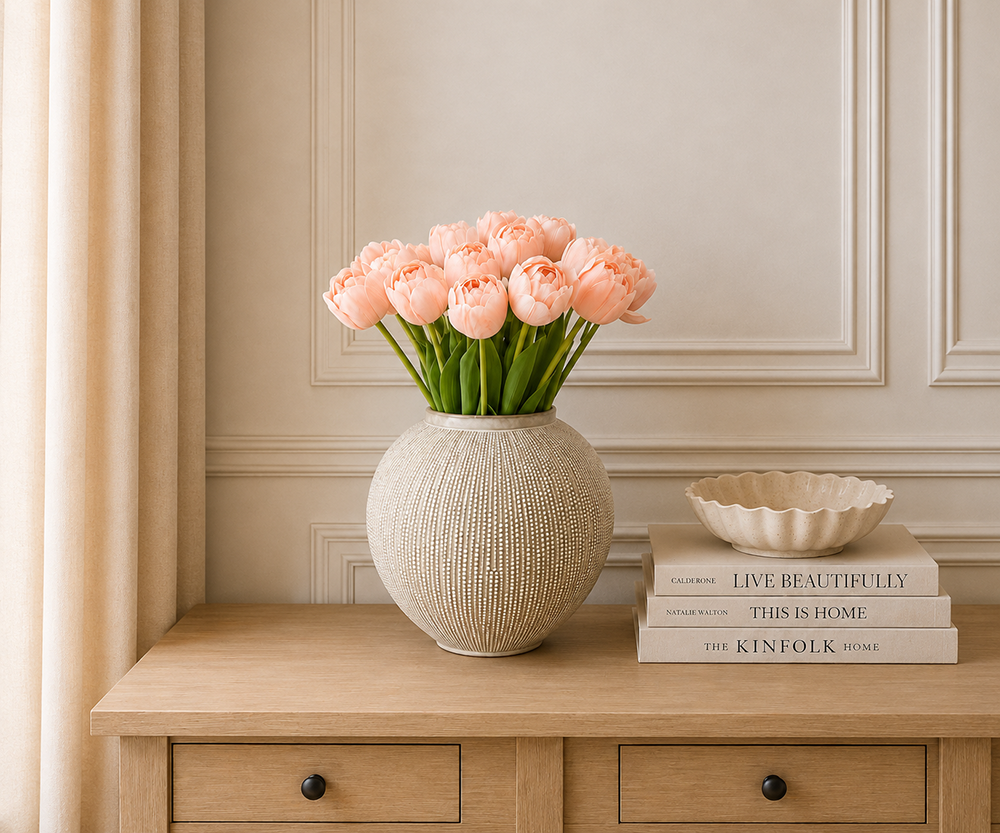 Real Touch Peach Tulip with Leaves, 46cm