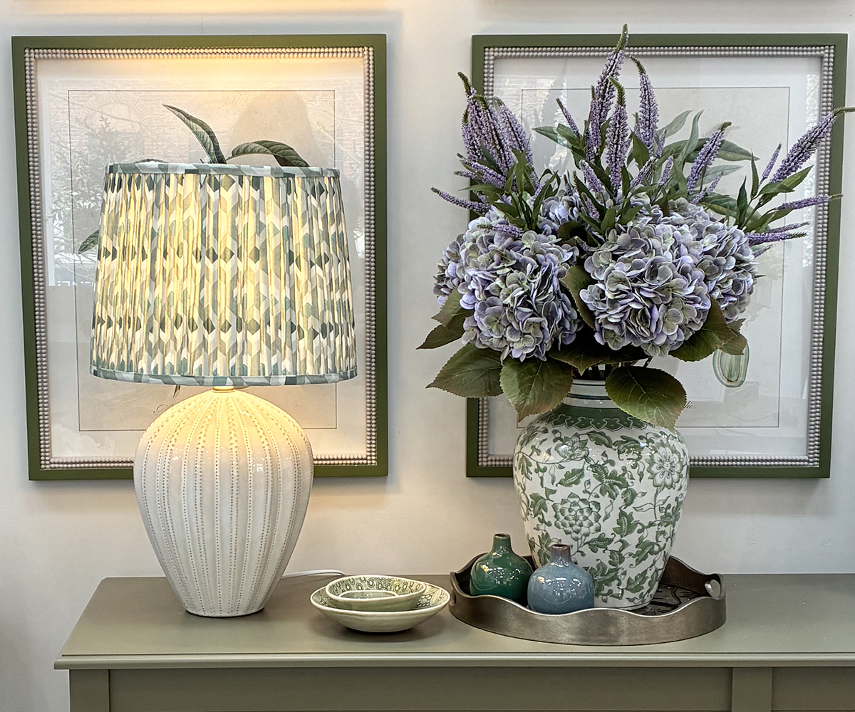Beatrice Lamp with Green Aztec Pleated Shade