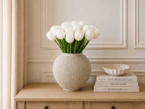 Real Touch White Tulip with Leaves, 46cm