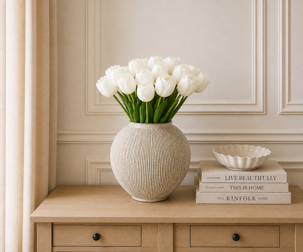 Real Touch White Tulip with Leaves, 46cm