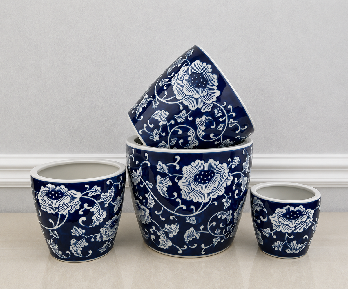 Floral Ceramic Plant Pot - Lotus (Set of 4)